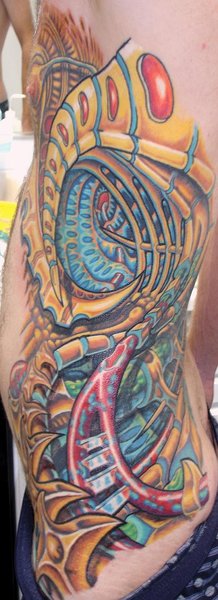 Biomechanical tattoo designs include mechanical and biological things